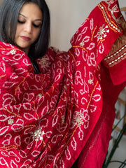 Red Bandhani Dupatta with Gotapatti Handwork in Pure Silk - Masakalee