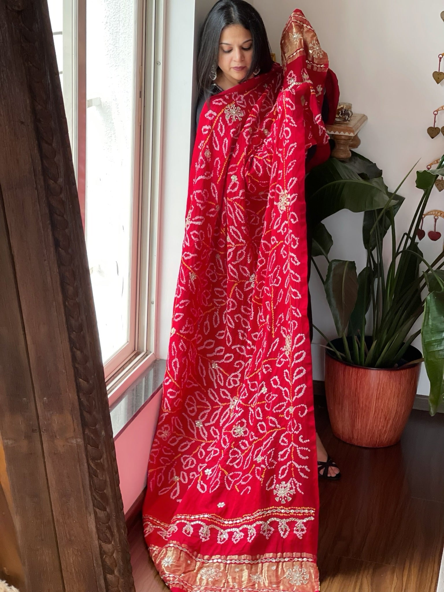 Red Bandhani Dupatta with Gotapatti Handwork in Pure Silk - Masakalee