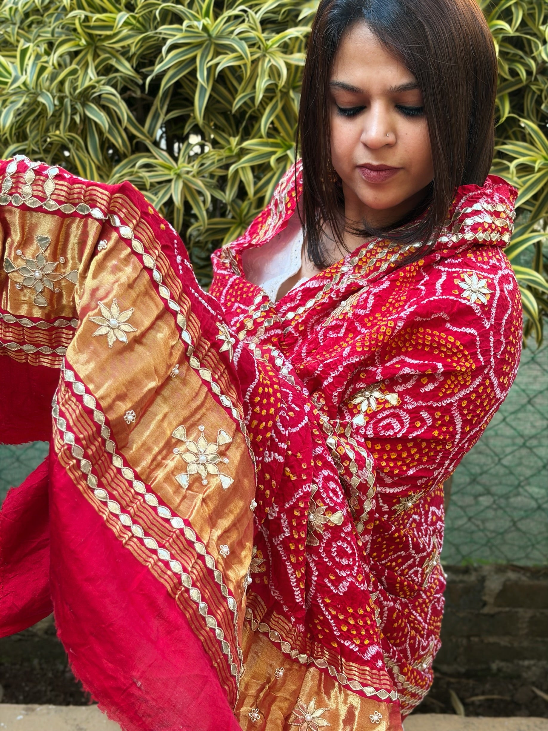 Red Bandhani Dupatta with Gotapatti Handwork in Pure Silk - Masakalee