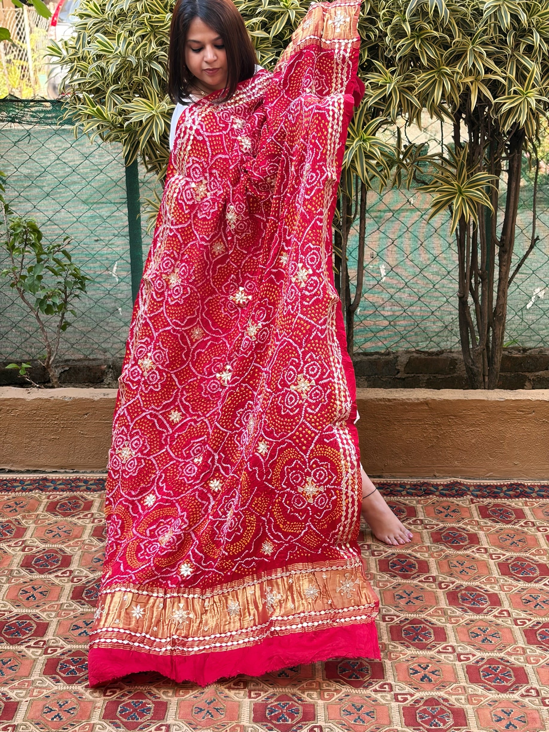 Red Bandhani Dupatta with Gotapatti Handwork in Pure Silk - Masakalee