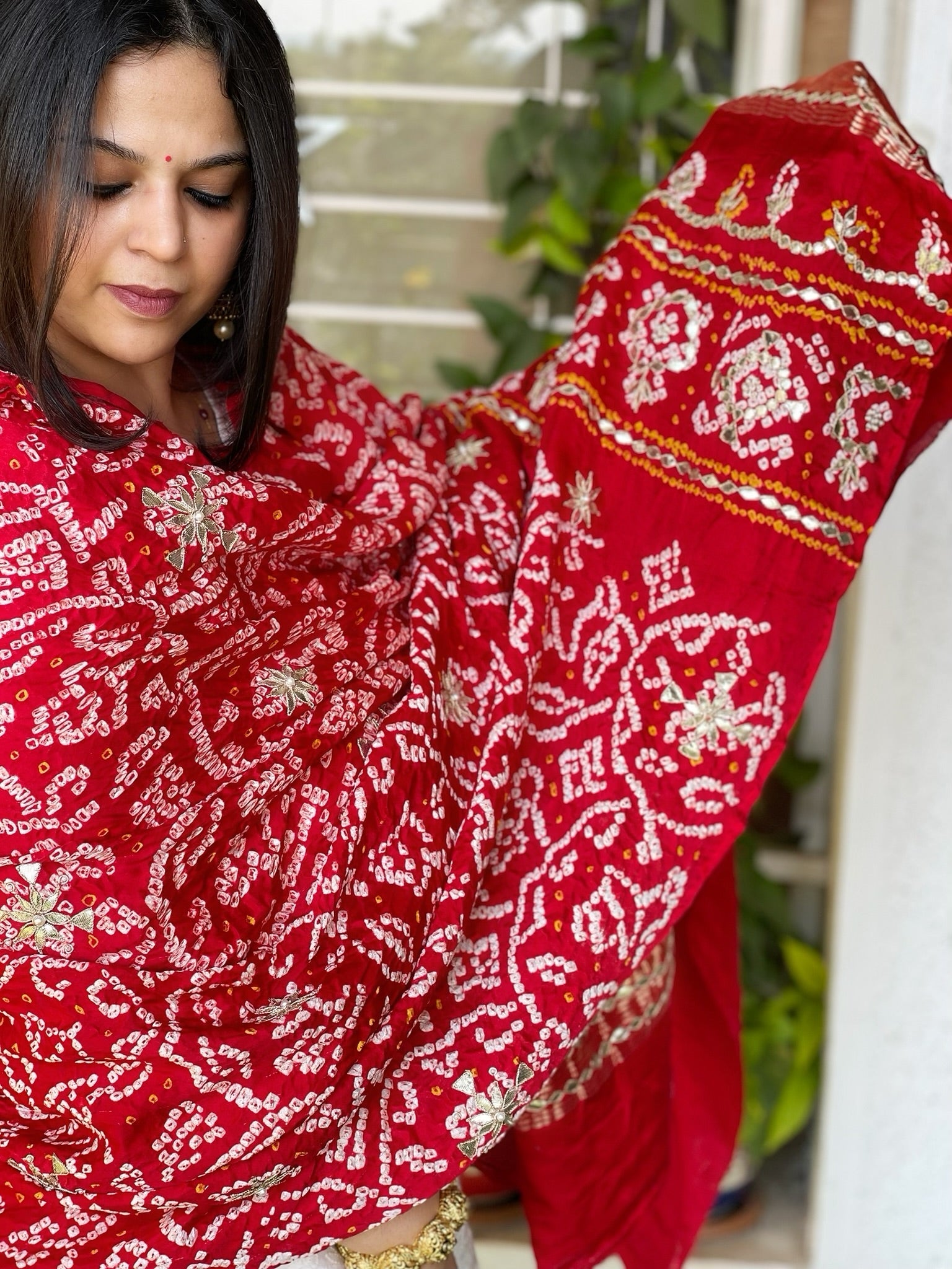 Red Bandhani Dupatta with Gotapatti Handwork in Pure Silk - Masakalee