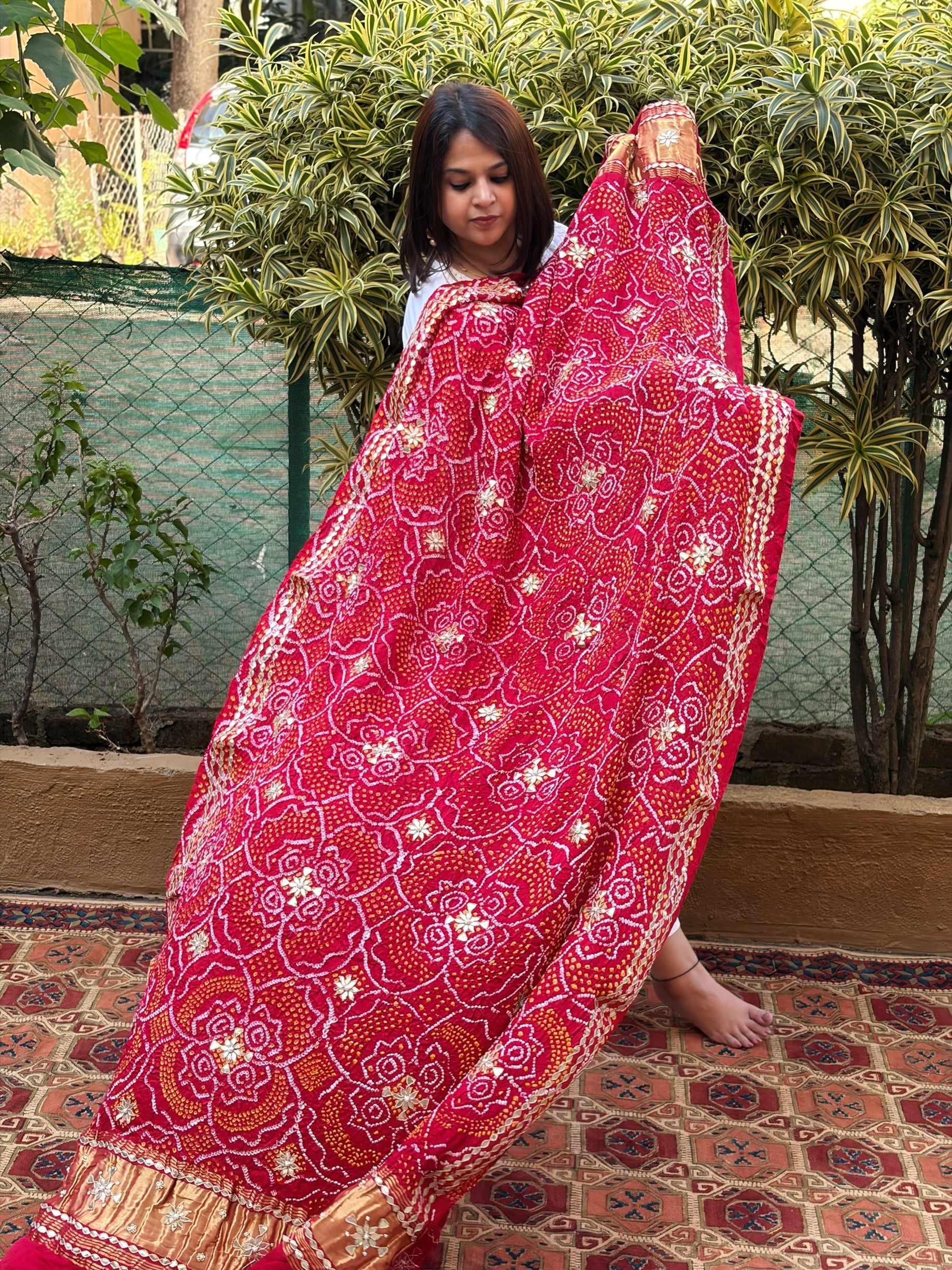 Red Bandhani Dupatta with Gotapatti Handwork in Pure Silk - Masakalee
