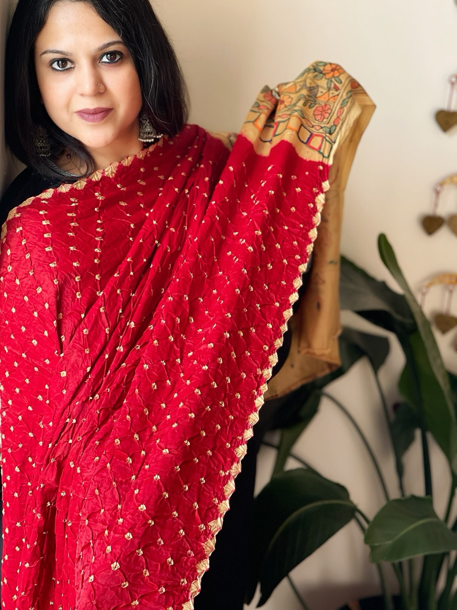 Red Bandhani Dupatta with Handpainted Madhubani Pallu in Modal Silk - Masakalee