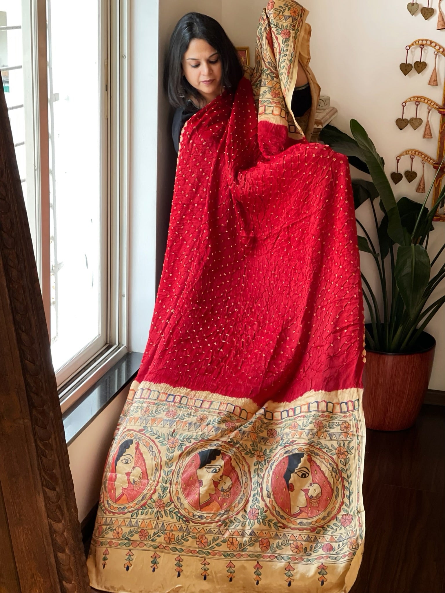 Red Bandhani Dupatta with Handpainted Madhubani Pallu in Modal Silk - Masakalee