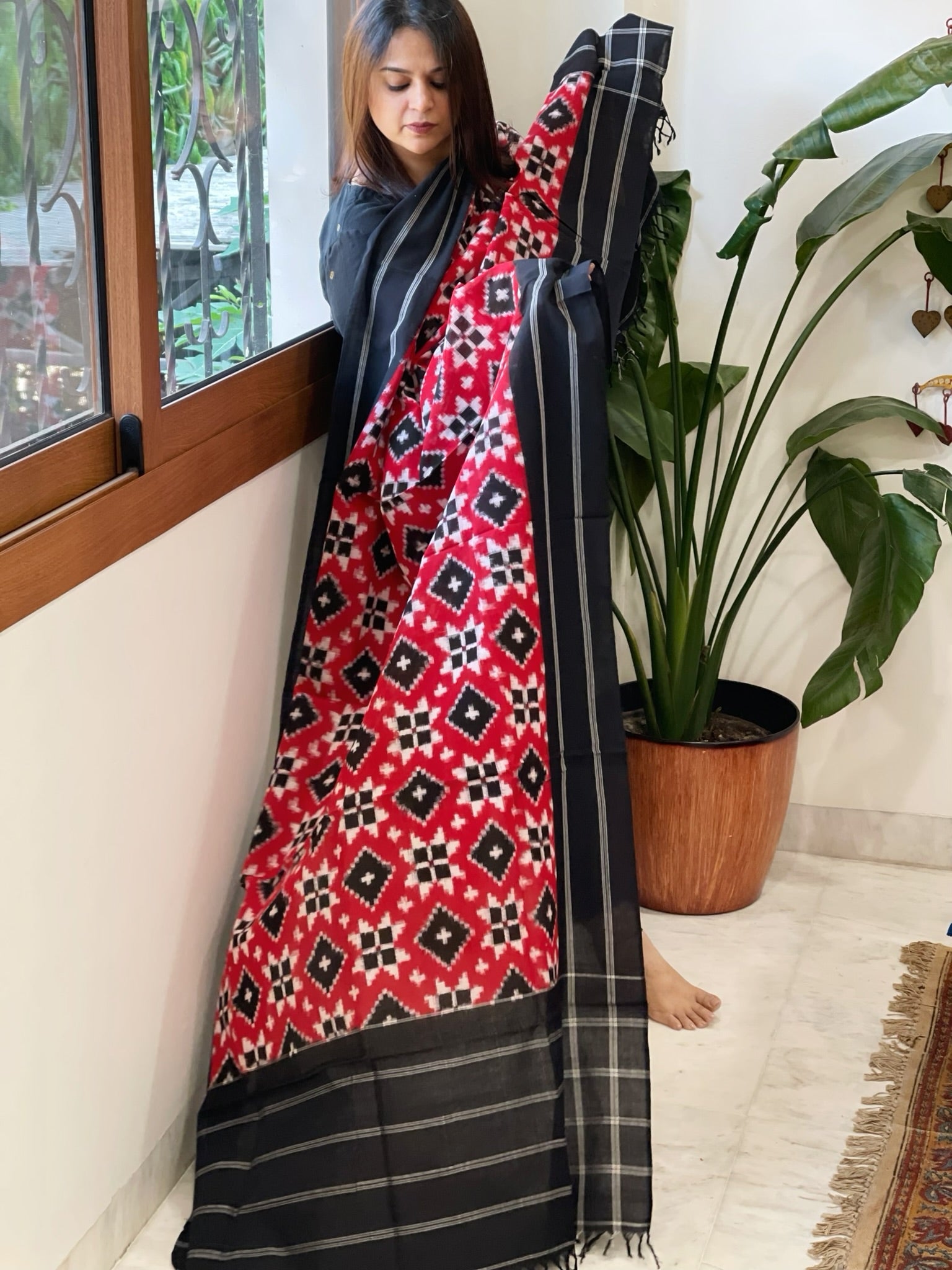 Red, Black Double Ikat Telia Rumal Dupatta in Cotton - Masakalee
