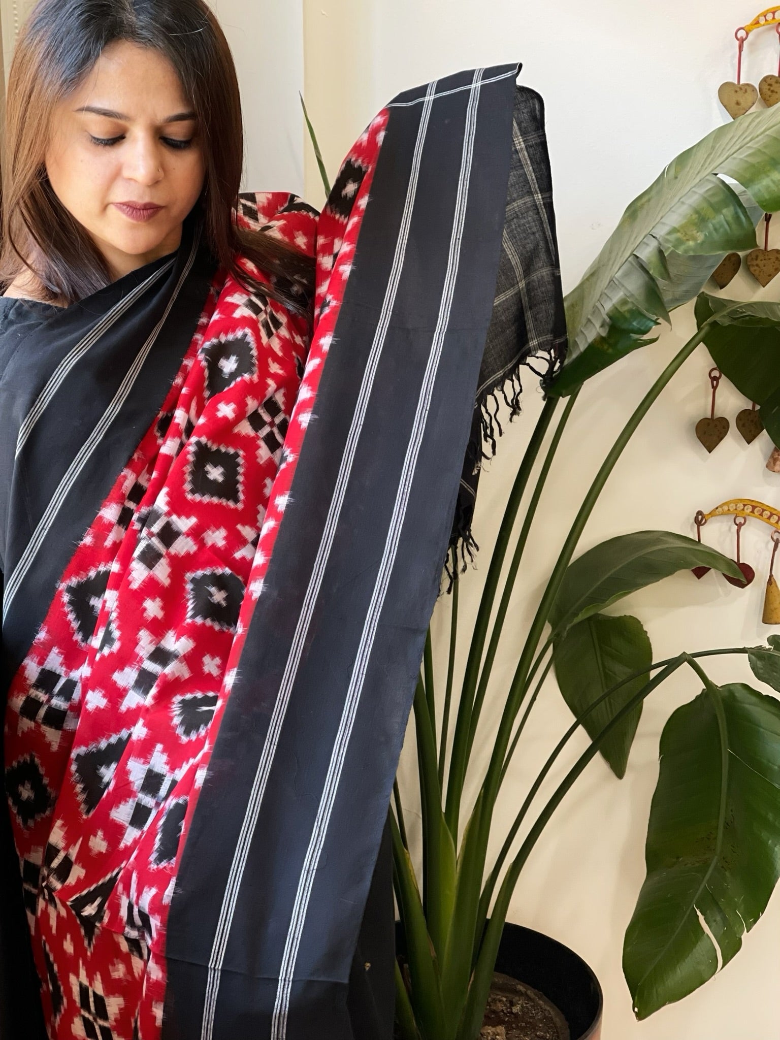 Red, Black Double Ikat Telia Rumal Dupatta in Cotton - Masakalee
