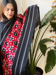 Red, Black Double Ikat Telia Rumal Dupatta in Cotton - Masakalee