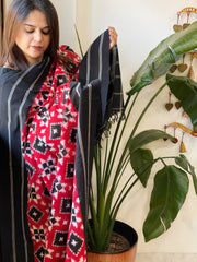 Red, Black Double Ikat Telia Rumal Dupatta in Cotton - Masakalee