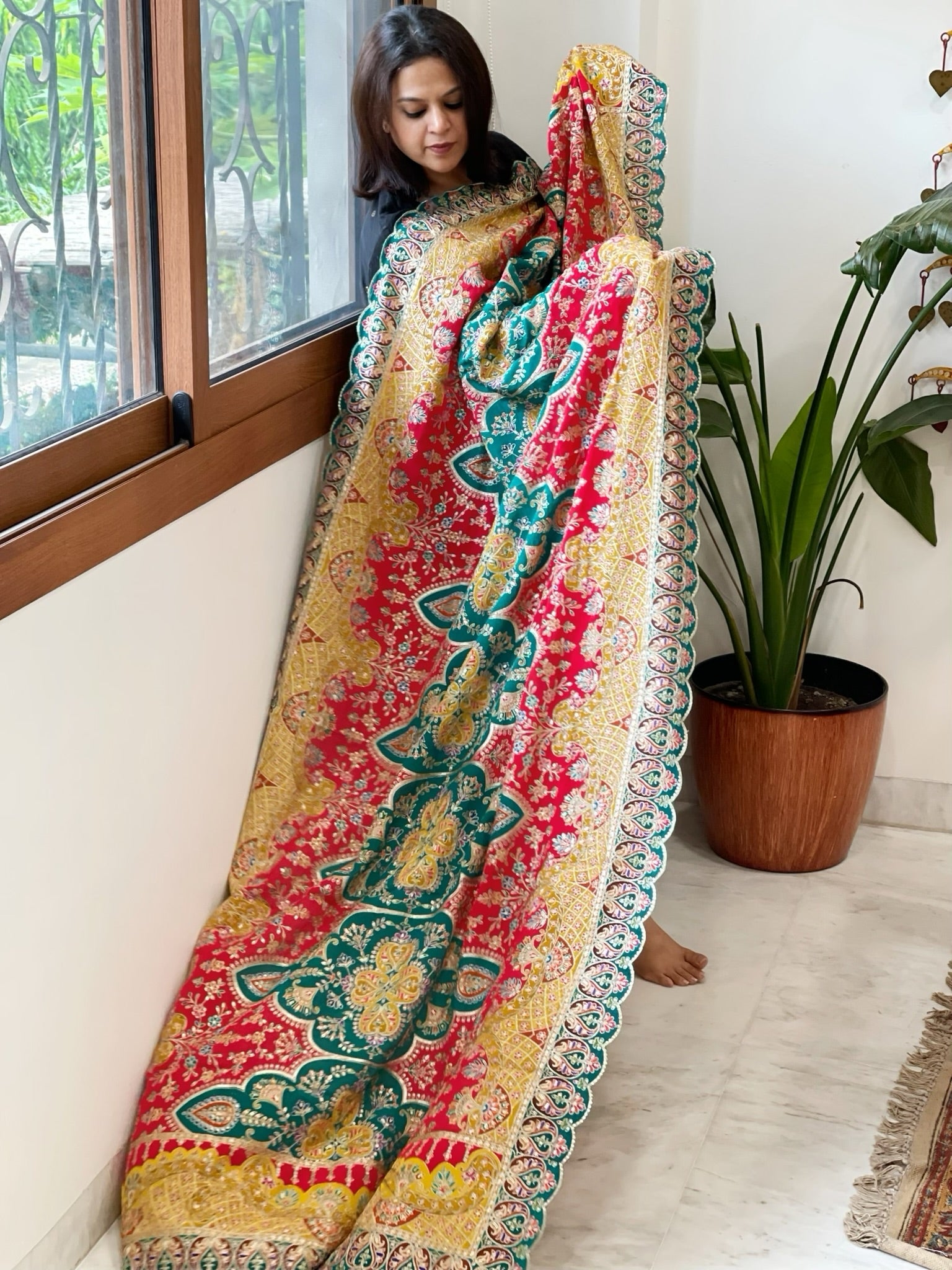 Red Chinon Dupatta with Aari Embroidery - Masakalee