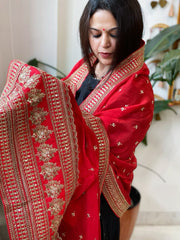 Red Chinon Dupatta with Sequin and Aari Embroidery - Masakalee