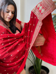 Red Chinon Dupatta with Sequin and Aari Embroidery - Masakalee