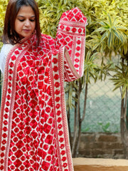 Red, Cream Designer Phulkari Dupatta in Tissue - Masakalee