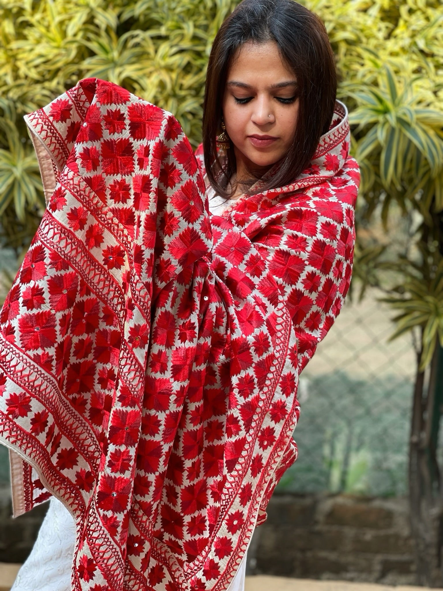 Red, Cream Designer Phulkari Dupatta in Tissue - Masakalee