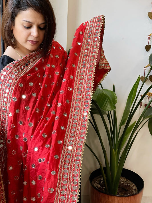 Red Crepe Dupatta with Mirror and Cut Daana Work with Gota Lace Border - Masakalee