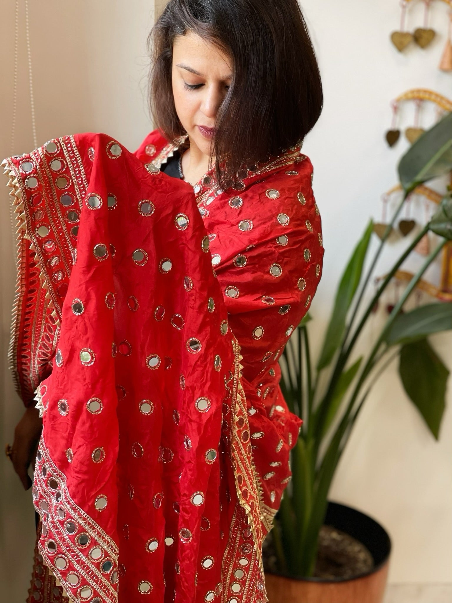 Red Crepe Dupatta with Mirror and Cut Daana Work with Gota Lace Border - Masakalee