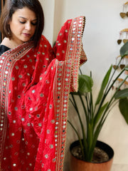 Red Crepe Dupatta with Mirror and Cut Daana Work with Gota Lace Border - Masakalee