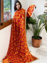 Red Designer Phulkari Dupatta in Khaddar Cotton - Masakalee