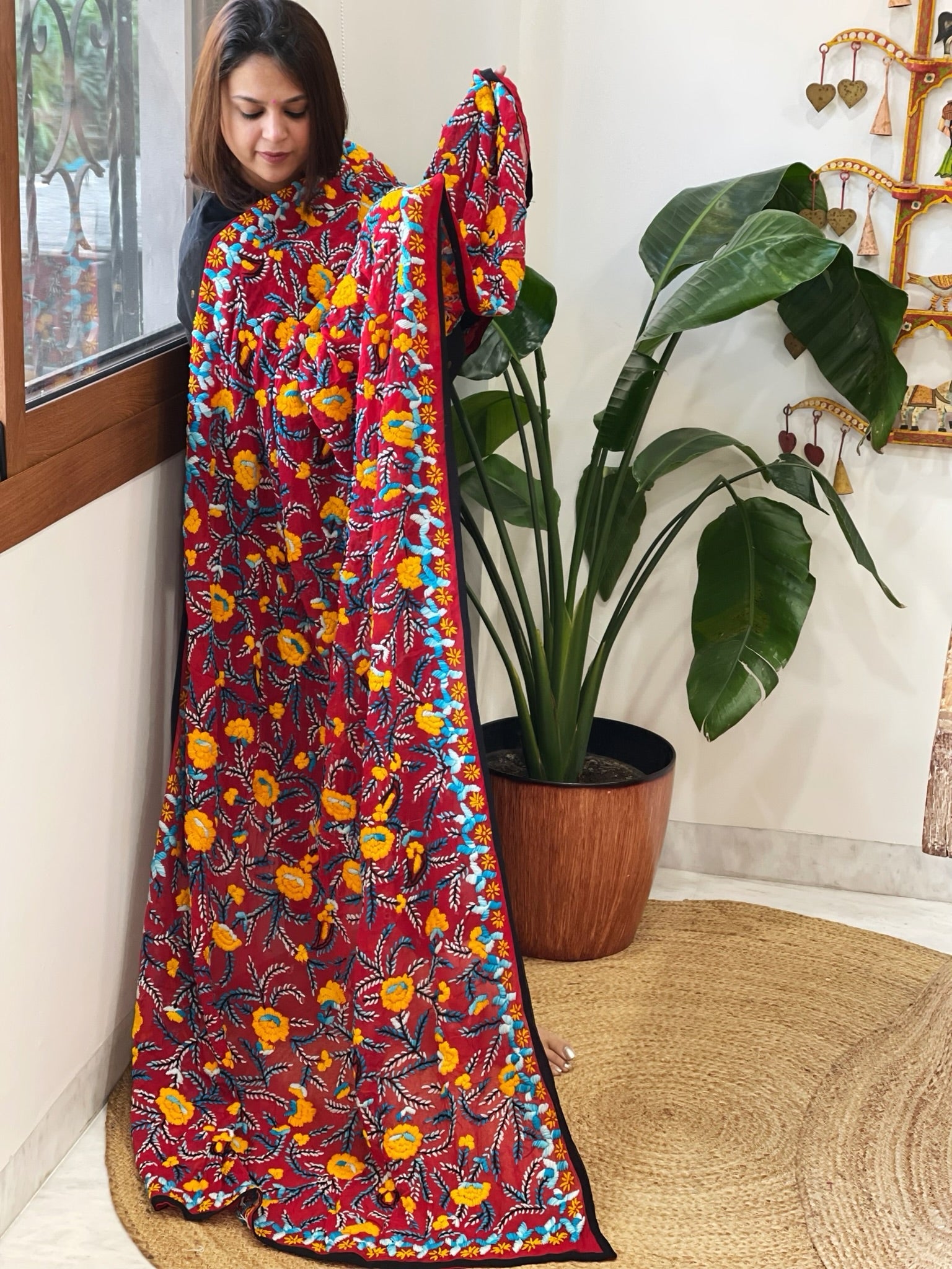 Red Georgette dupatta with Woolen Thread Handwork - Masakalee