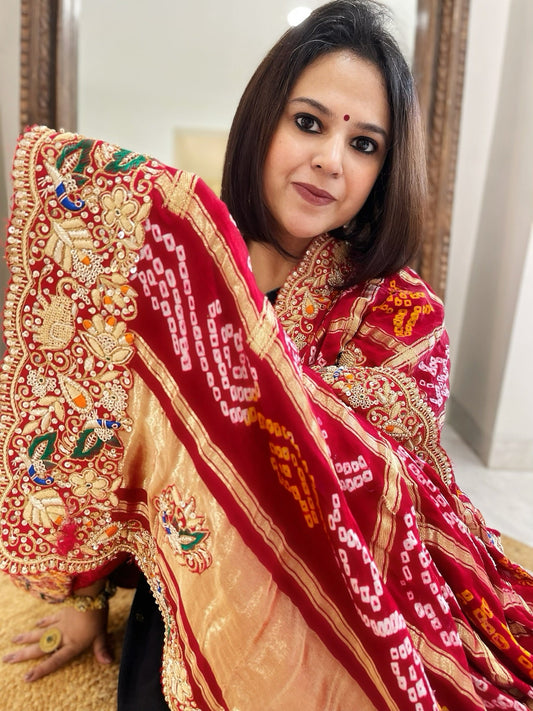Red Gharchola Piliya Dupatta with Heavy Zardosi Handwork in Pure Gajji Silk - Masakalee