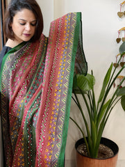 Red, Green Handmade Kantha Dupatta in Silk - Masakalee