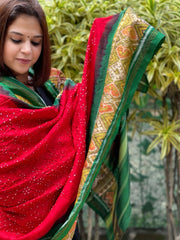 Red, Green Handwoven Patola with Rai Bandhej Dupatta in Pure Silk - Masakalee