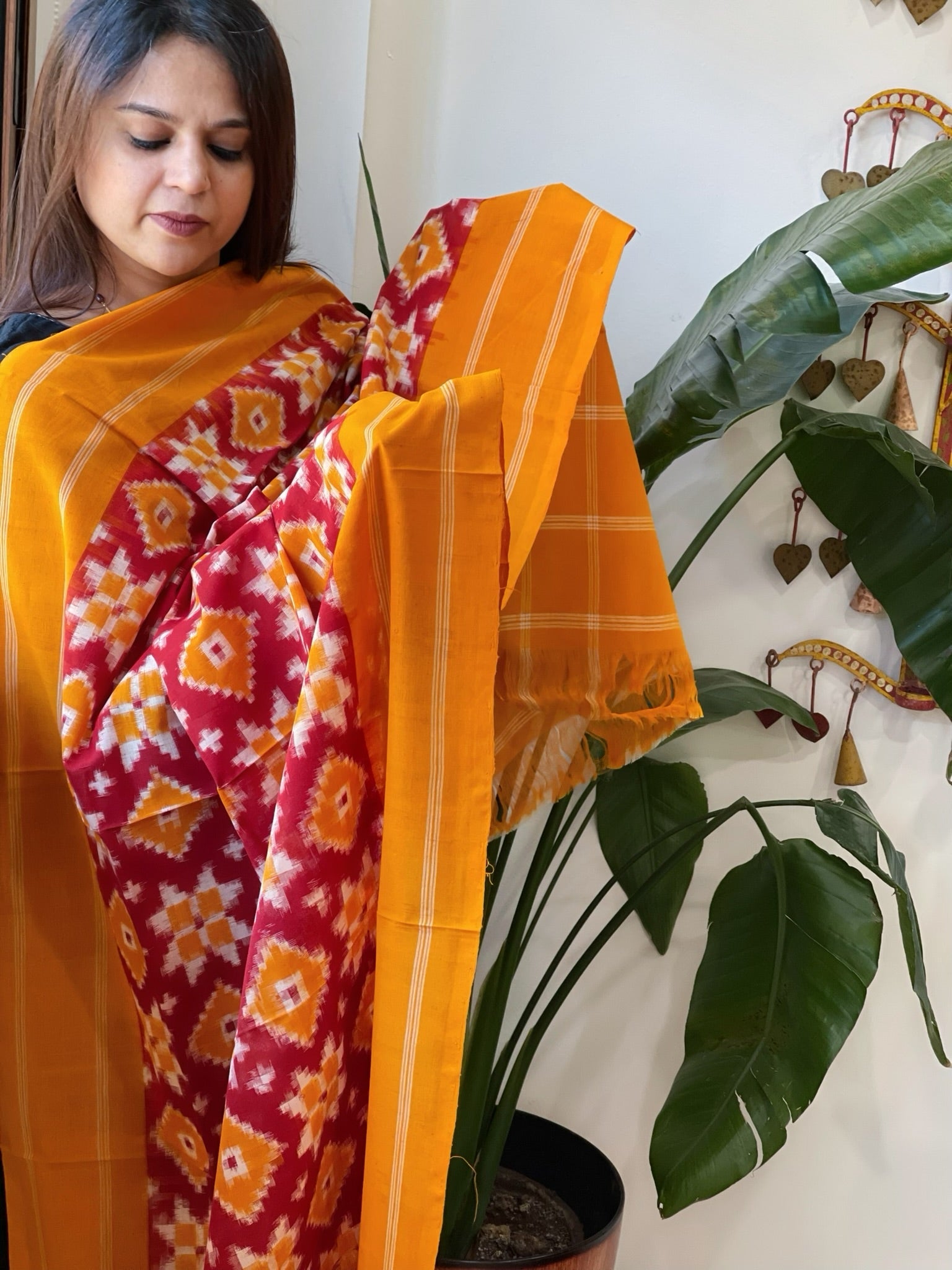Red, Haldi Yellow Double Ikat Telia Rumal Dupatta in Cotton - Masakalee