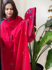 Red Handmade Kantha Dupatta in Pure Cotton - Masakalee