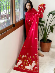 Red Handmade Kantha Dupatta in Pure Cotton - Masakalee