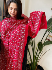 Red Handmade Kantha Dupatta in Pure Cotton - Masakalee