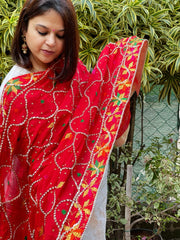 Red Handmade Phulkari Dupatta in Pure Chinon with Gota Handwork - Masakalee