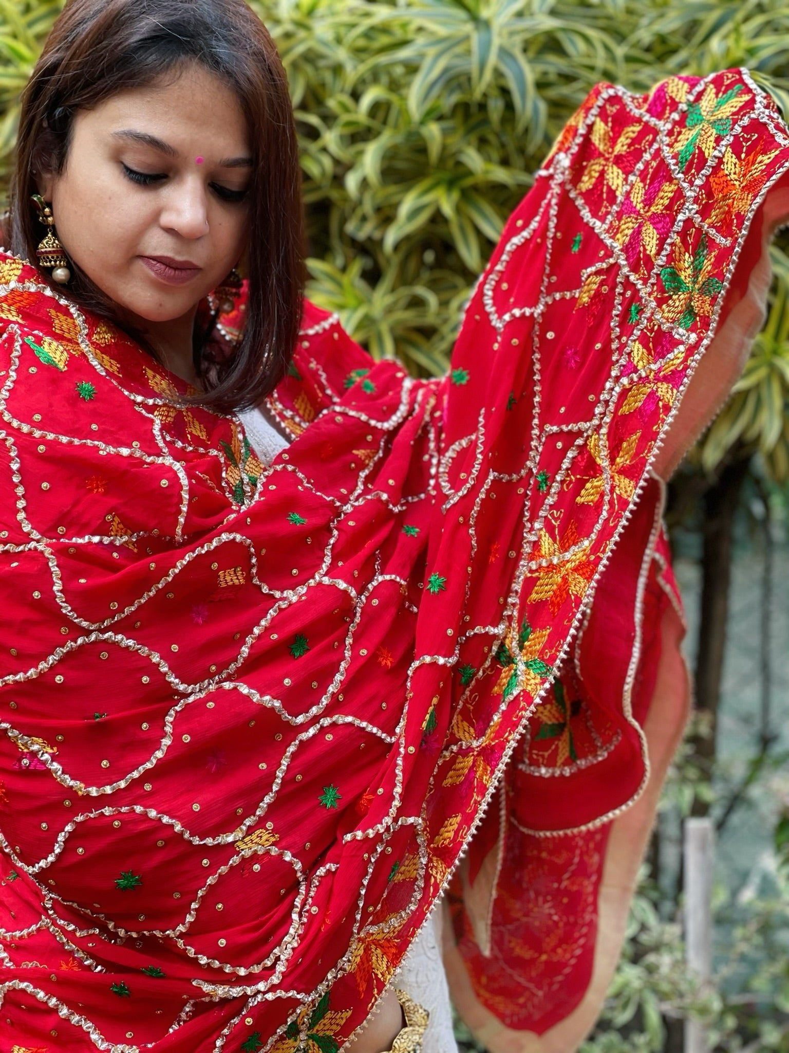 Red Handmade Phulkari Dupatta in Pure Chinon with Gota Handwork - Masakalee