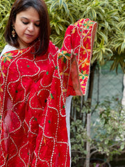 Red Handmade Phulkari Dupatta in Pure Chinon with Gota Handwork - Masakalee