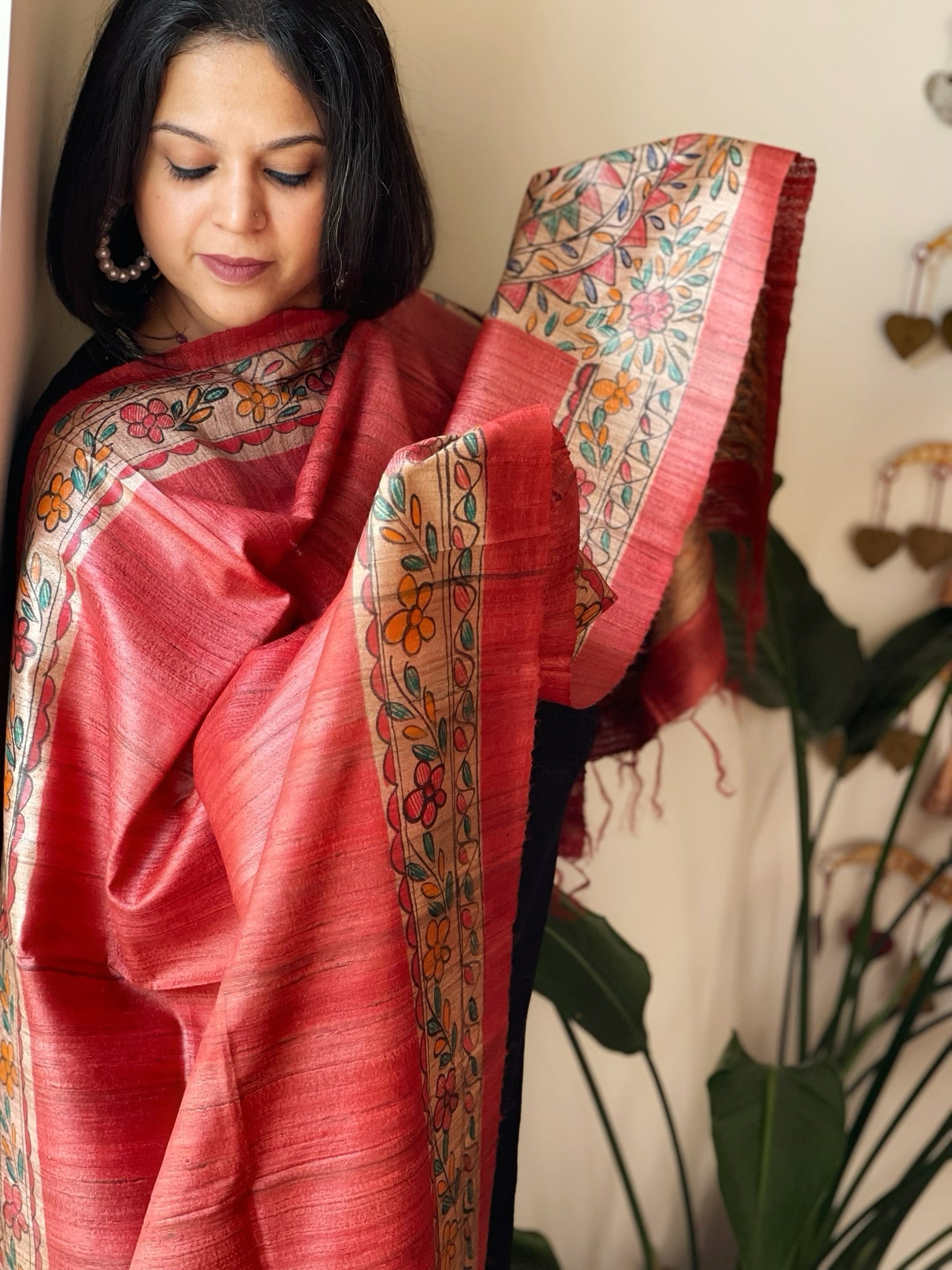 Red Handpainted Madhubani Dupatta in Pure Tussar Silk - Masakalee