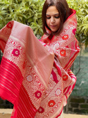 Red Handwoven Banarasi Rangkhat Dupatta in Pure Katan Silk - Masakalee