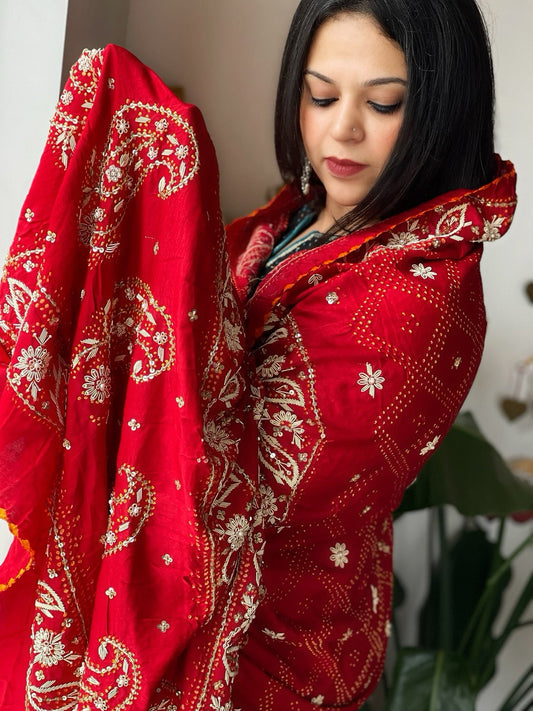 Red Handwoven Bareek Bandhani dupatta with Dabka Handwork in Pure Gajji silk - Masakalee