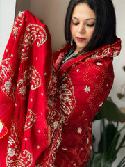 Red Handwoven Bareek Bandhani dupatta with Dabka Handwork in Pure Gajji silk - Masakalee