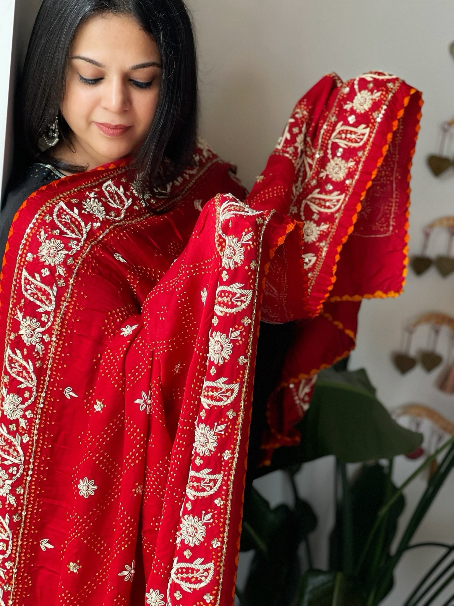 Red Handwoven Bareek Bandhani dupatta with Dabka Handwork in Pure Gajji silk - Masakalee