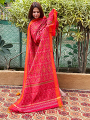 Red Handwoven Ikat Dupatta Pure Silk - Cotton - Masakalee