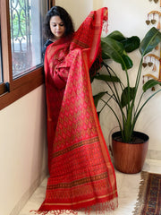 Red Handwoven Ikat Dupatta Pure Silk - Cotton - Masakalee