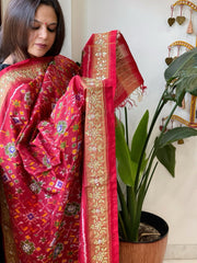 Red Handwoven Ikat Patola with Gotapatti & Pearl Handwork dupatta in Pure Silk - Masakalee