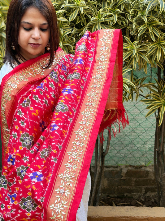 Red Handwoven Ikat Patola with Gotapatti & Pearl Handwork dupatta in Pure Silk - Masakalee