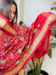 Red Handwoven Ikat Patola with Gotapatti & Pearl Handwork dupatta in Pure Silk - Masakalee