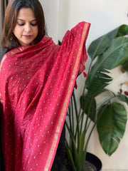 Red Handwoven Muga Silk dupattas with Hand Embroidery - Masakalee