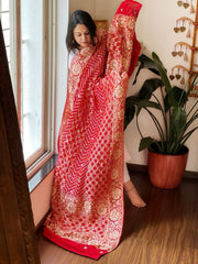 Red Handwoven NeemZari Bareek Bandhani with Dabka Handwork in Pure Georgette - Masakalee