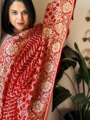 Red Handwoven NeemZari Bareek Bandhani with Dabka Handwork in Pure Georgette - Masakalee