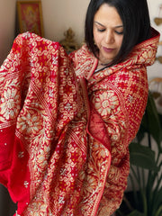 Red Handwoven NeemZari Bareek Bandhani with Dabka Handwork in Pure Georgette - Masakalee