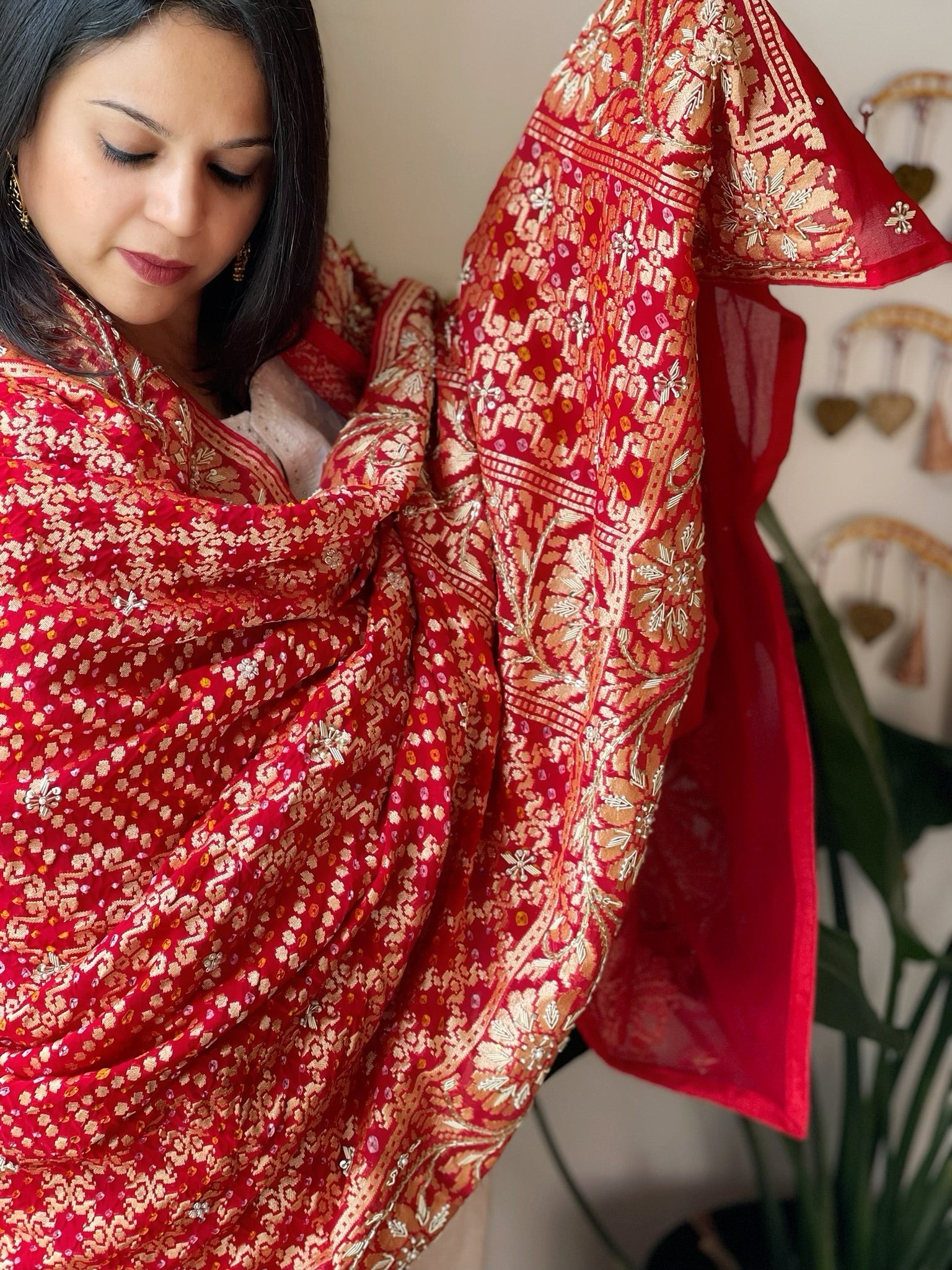 Red Handwoven NeemZari Bareek Bandhani with Dabka Handwork in Pure Georgette - Masakalee
