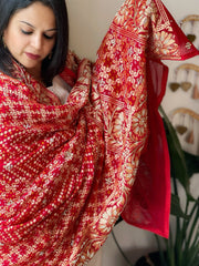 Red Handwoven NeemZari Bareek Bandhani with Dabka Handwork in Pure Georgette - Masakalee