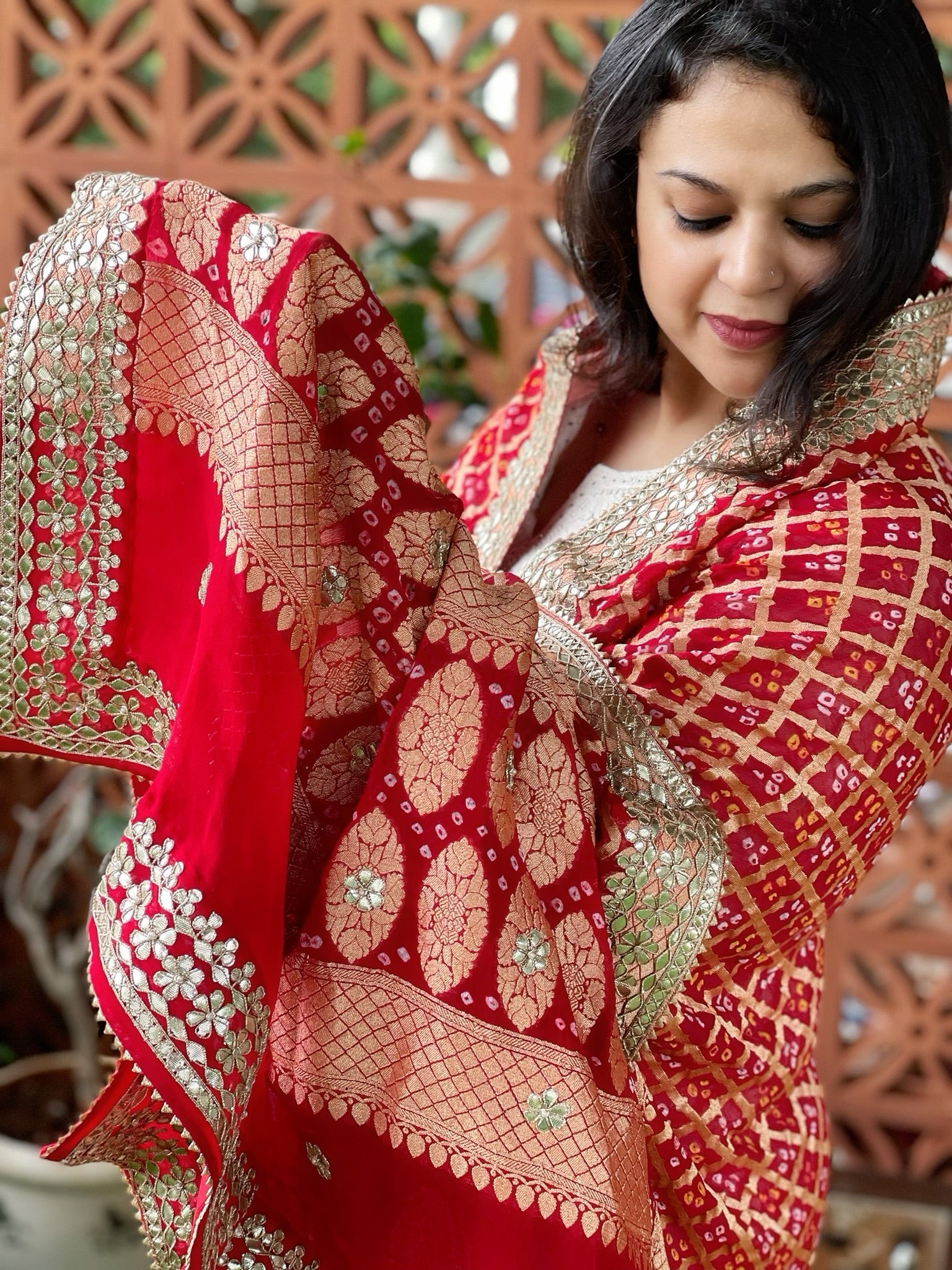 Red Handwoven NeemZari Bareek Bandhani with Gotapatti Handwork in Pure Georgette - Masakalee
