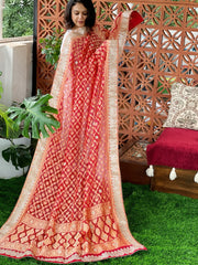 Red Handwoven NeemZari Bareek Bandhani with Gotapatti Handwork in Pure Georgette - Masakalee